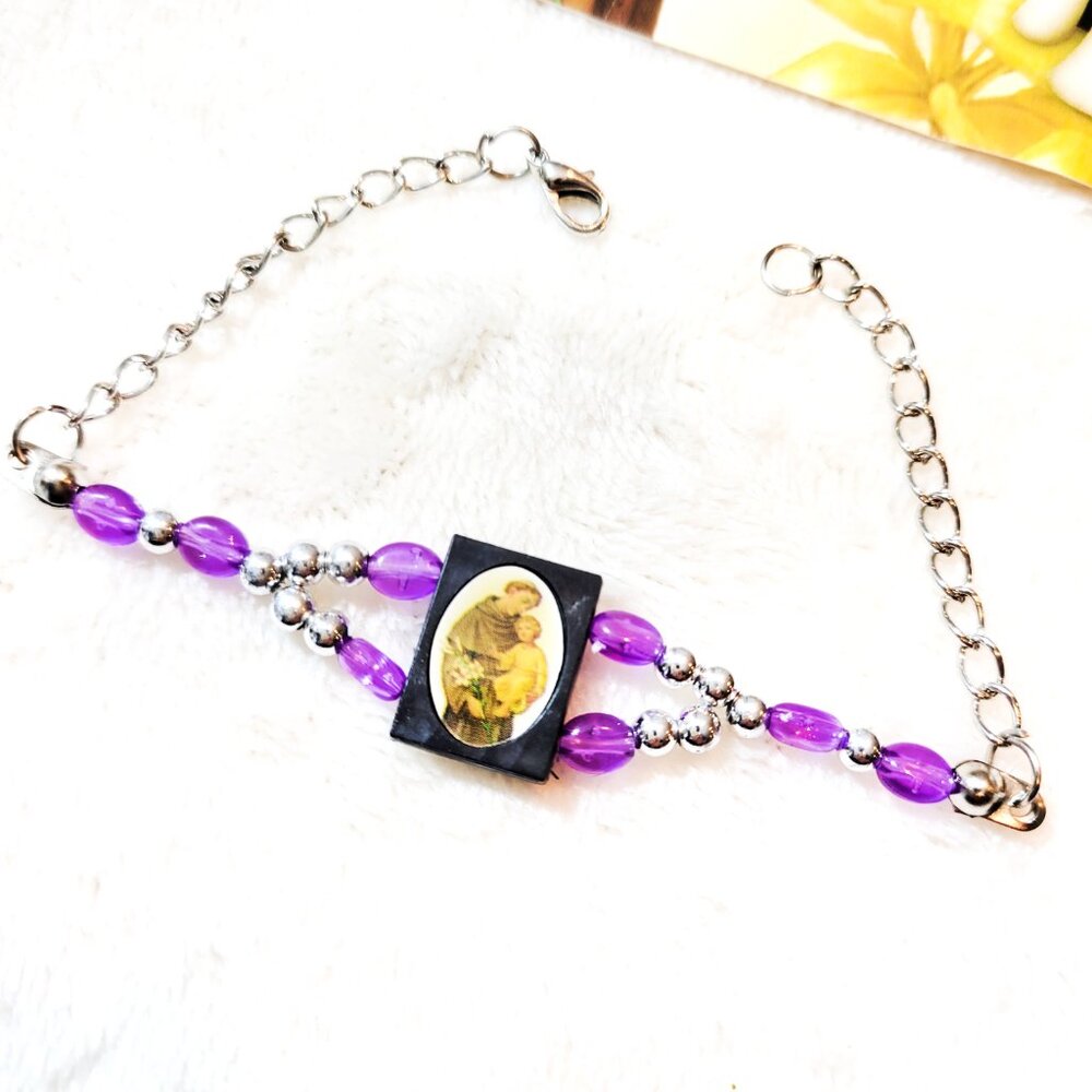 ✝️Purple Silver Beaded Religious St.Anthony Pray For Us Devotional Bracelet✝️